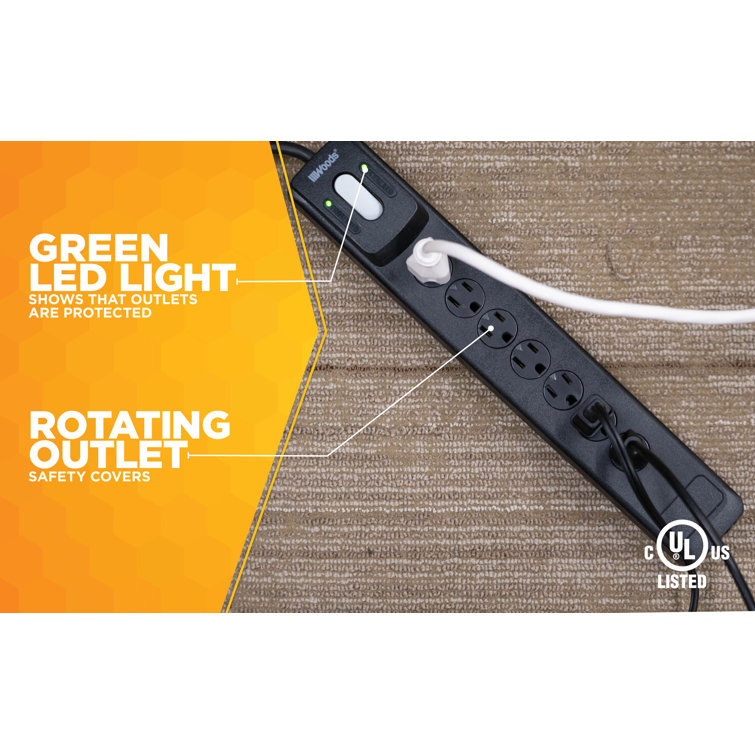 Woods Surge Protector With 7 Outlets, Resettable Overload Safety